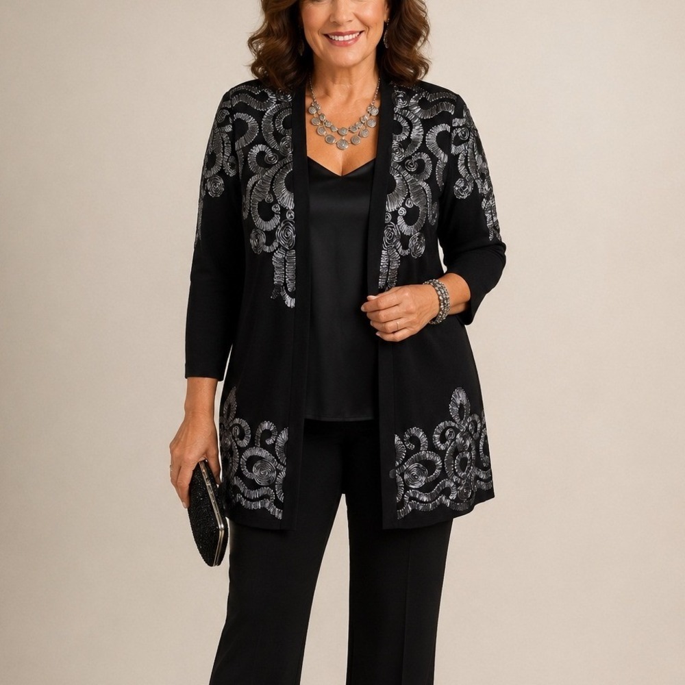 CHICO'S Cardigan Sweater 2 L Silver Ribbon Scroll Open Front Black Knit Jacket